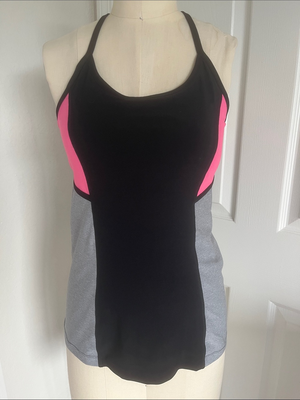 Reebok Black Athletic Tank Top with Pink and Gray Panels Gym Workout Running